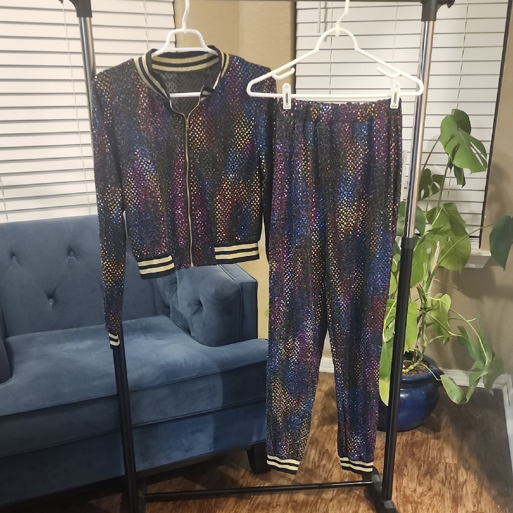 Colorful Sequin Jacket and Pants Set
